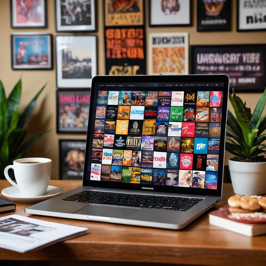 A sleek, modern laptop displaying a vibrant collage of various adult film site logos, highlighting 'Uncensored' and 'HD Content' in eye-catching fonts. Surrounding the laptop, a cozy, inviting living room setting with soft lighting, plush cushions, and a stylish coffee table holding snacks. The overall ambiance is warm and contemporary, appealing to an adult audience seeking information. super-realistic. vibrant colors. cozy atmosphere.