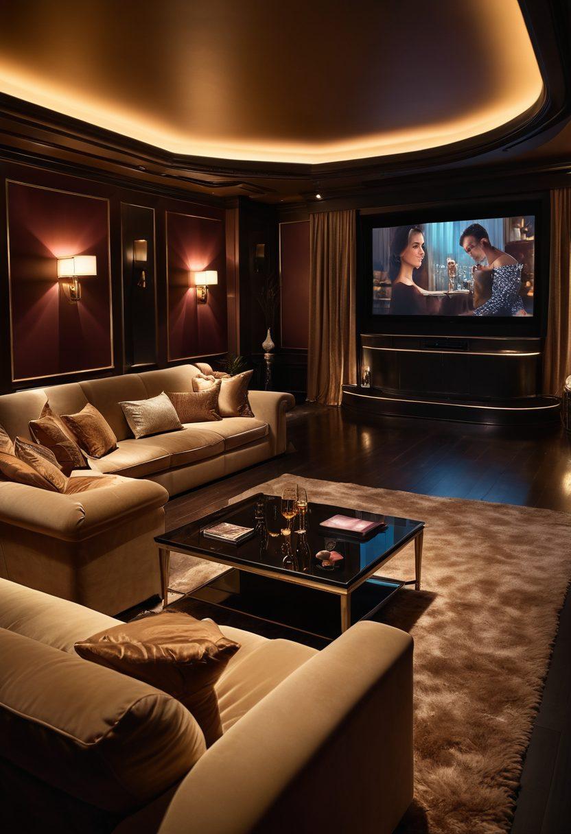 A captivating scene depicting a luxurious, dimly lit home theater with plush seating, a large screen showcasing tantalizing imagery from both free and premium erotic films. Subtle hints of glamour through elegant decor, soft ambient lighting, and a glass of champagne on the side table, inviting the viewer into a world of adult entertainment. The essence of sophistication and allure should resonate in the ambiance. super-realistic. rich colors. intimate atmosphere.