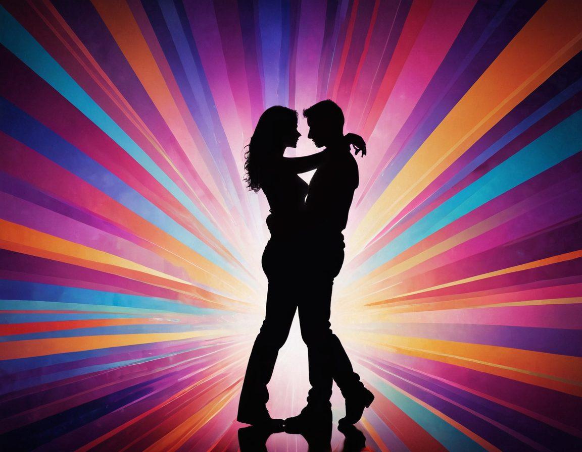 A captivating scene of a digital world where alluring silhouettes of couples are engaged in passionate embraces, surrounded by swirling colorful light patterns suggesting sensuality and intimacy. The background features abstract shapes reminiscent of a modern digital interface, hinting at the online aspect. Enhance the atmosphere with soft glows and romantic hues that entice the viewer's imagination. super-realistic. vibrant colors. abstract background.